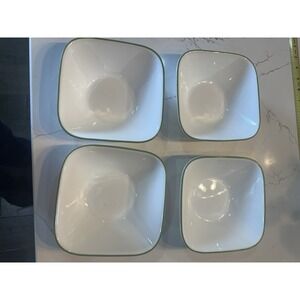 Set Of 4 Corelle Square Bowls Green Rim Bamboo  Leaf Shadow Iris